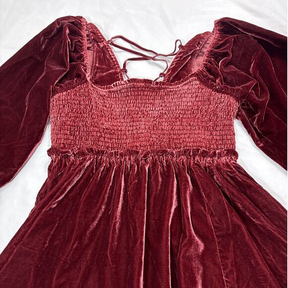 Free People Women Small Daphne Velvet Sleeve Mini Dress Roan Rouge Boho Western - Picture 4 of 12